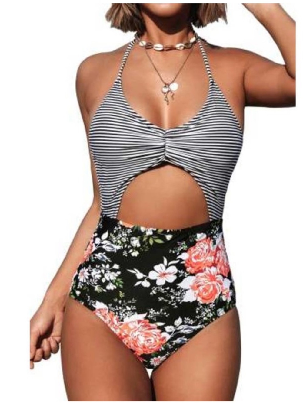 Cupshe Black & White Striped Top Floral One-Piece Swimsuit